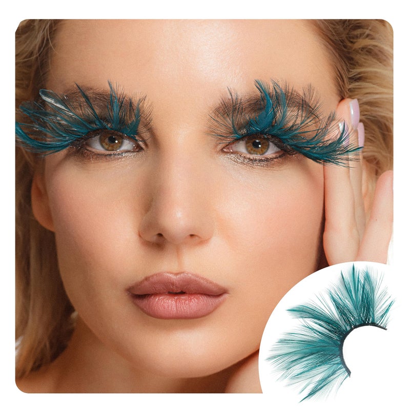 Dorisue Halloween eyelashes Double Lip Black with Green Big Extra Long Feather eyelashes Extra extension Halloween Green Feather Tip False Eyelashes Dance Halloween Costume - Image 2